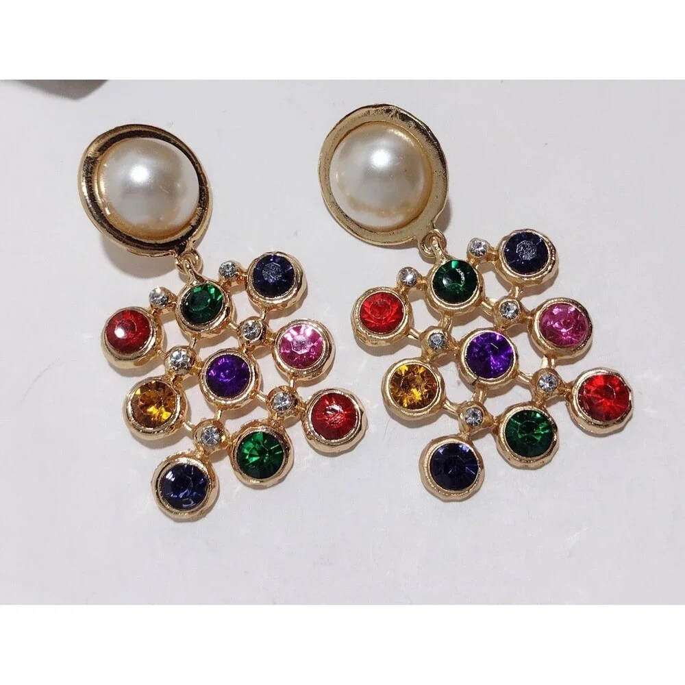 BIG Vintage 90s Color Block Pearl Gold tone Statement Earrings